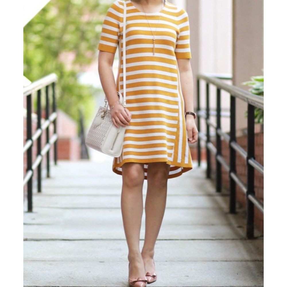 Ann Taylor Womens XXL Short Sleeve Shift Sweater Dress Striped Yellow Minimalist